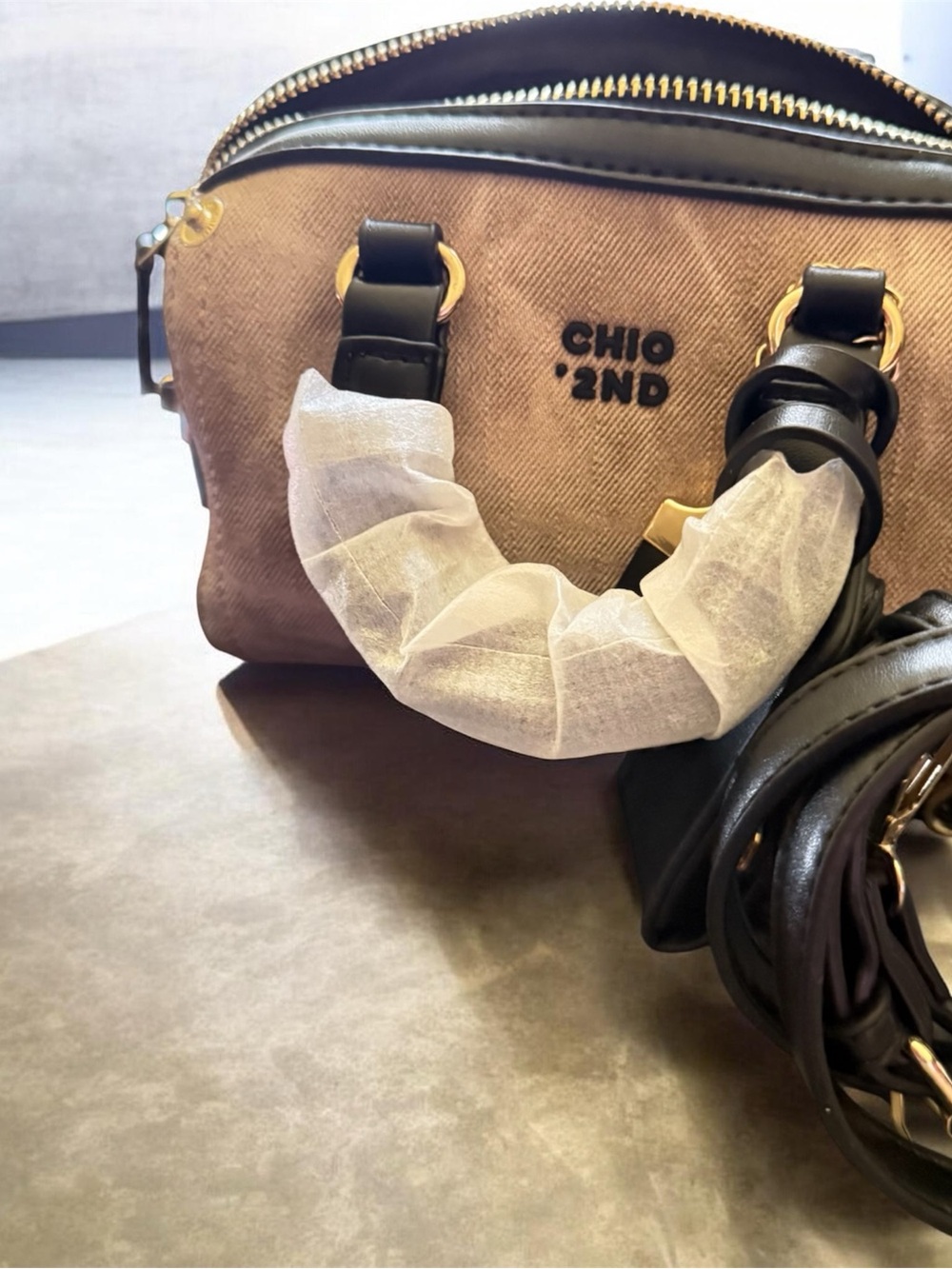CHIO 2ND Taupe and Black Women’s Shoulder Bag with Gold Hardware